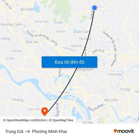 Trung Giã to Phường Minh Khai map