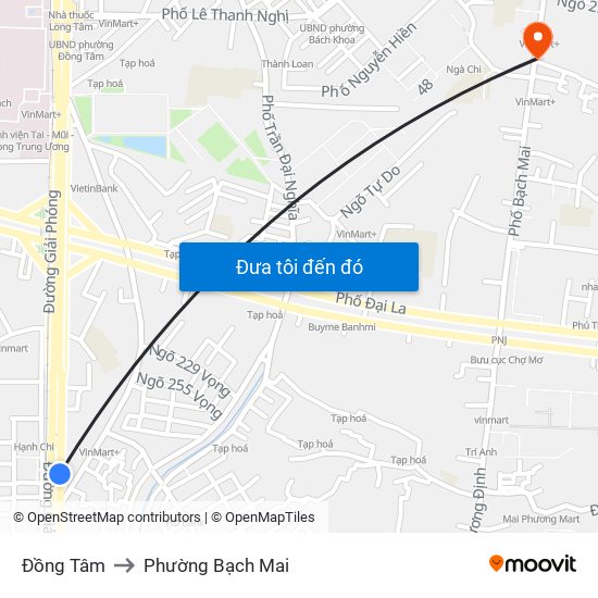 Đồng Tâm to Phường Bạch Mai map