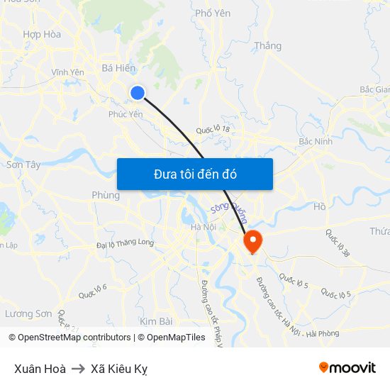 Xuân Hoà to Xã Kiêu Kỵ map