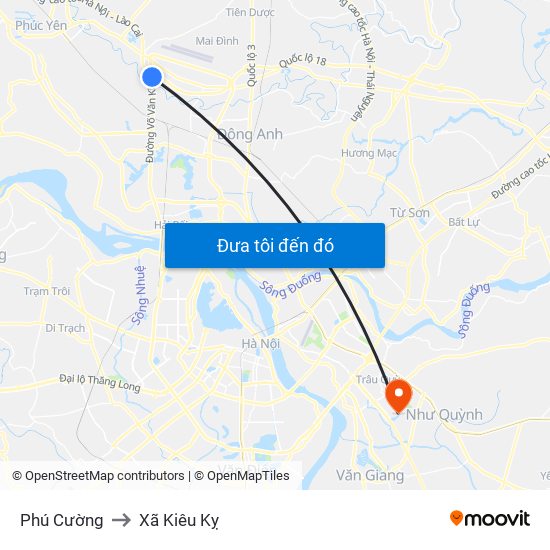 Phú Cường to Xã Kiêu Kỵ map