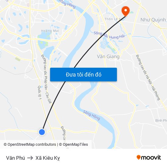 Văn Phú to Xã Kiêu Kỵ map