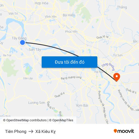 Tiên Phong to Xã Kiêu Kỵ map