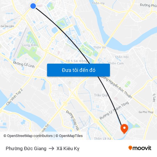 Phường Đức Giang to Xã Kiêu Kỵ map
