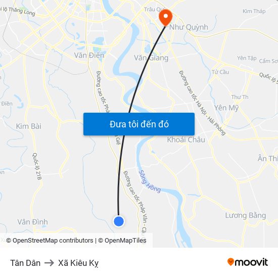 Tân Dân to Xã Kiêu Kỵ map