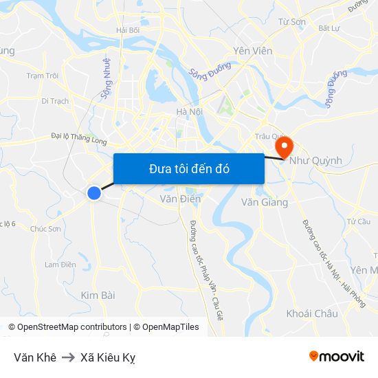 Văn Khê to Xã Kiêu Kỵ map