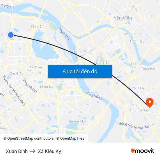 Xuân Đỉnh to Xã Kiêu Kỵ map