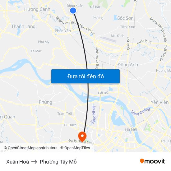 Xuân Hoà to Phường Tây Mỗ map