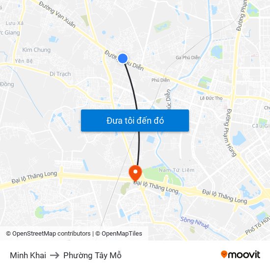 Minh Khai to Phường Tây Mỗ map