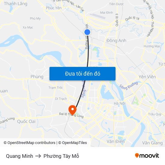 Quang Minh to Phường Tây Mỗ map