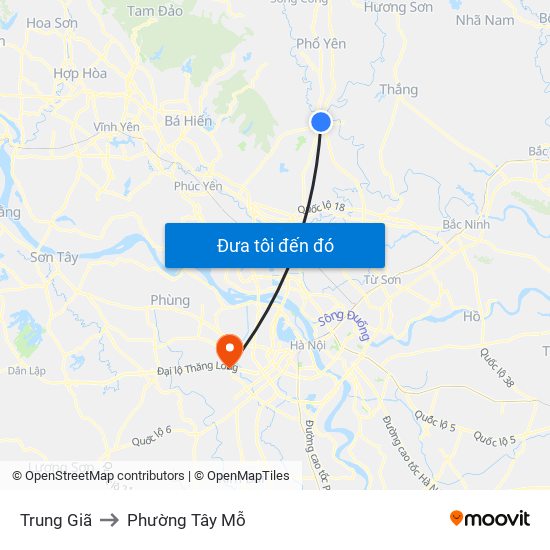 Trung Giã to Phường Tây Mỗ map