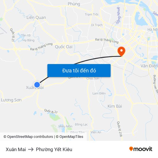 Xuân Mai to Phường Yết Kiêu map