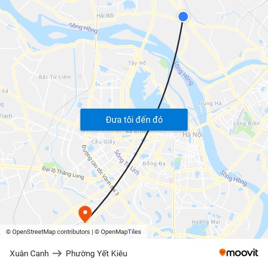 Xuân Canh to Phường Yết Kiêu map