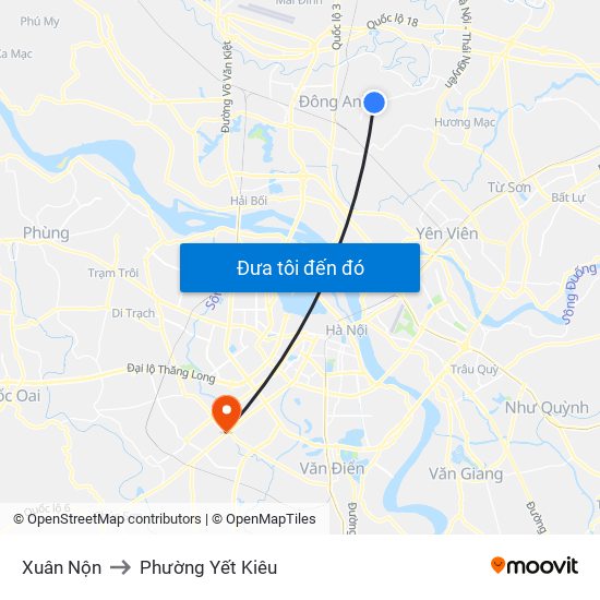 Xuân Nộn to Phường Yết Kiêu map