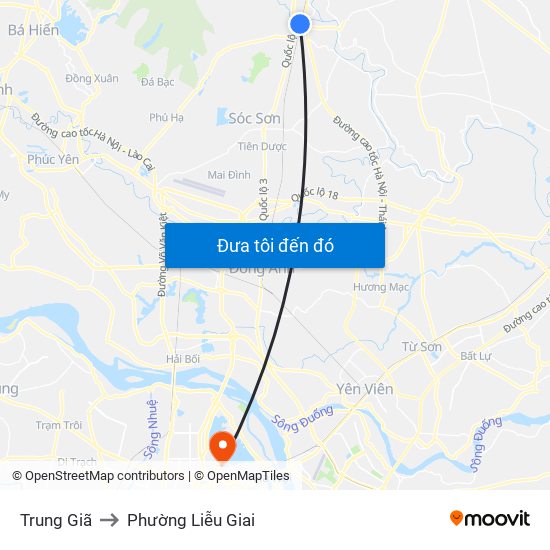 Trung Giã to Phường Liễu Giai map