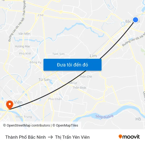 Thành Phố Bắc Ninh to Thị Trấn Yên Viên map