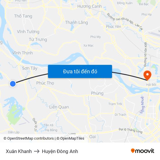 Xuân Khanh to Huyện Đông Anh map