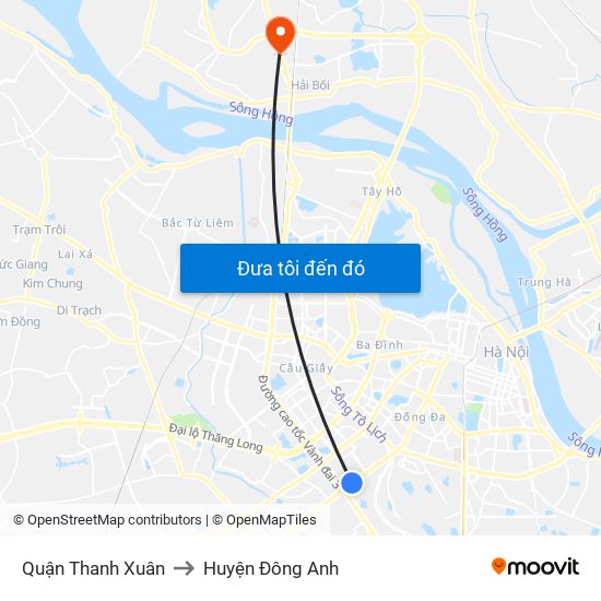 Quận Thanh Xuân to Huyện Đông Anh map