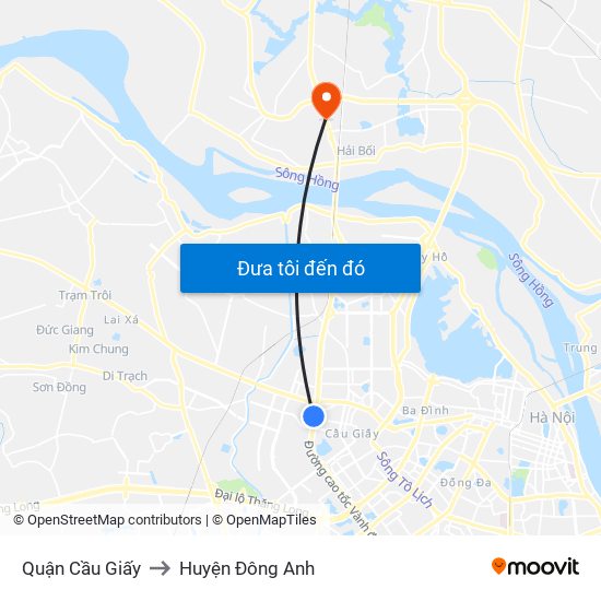 Quận Cầu Giấy to Huyện Đông Anh map