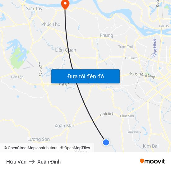 Hữu Văn to Xuân Đình map