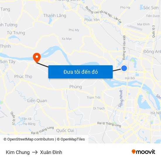 Kim Chung to Xuân Đình map