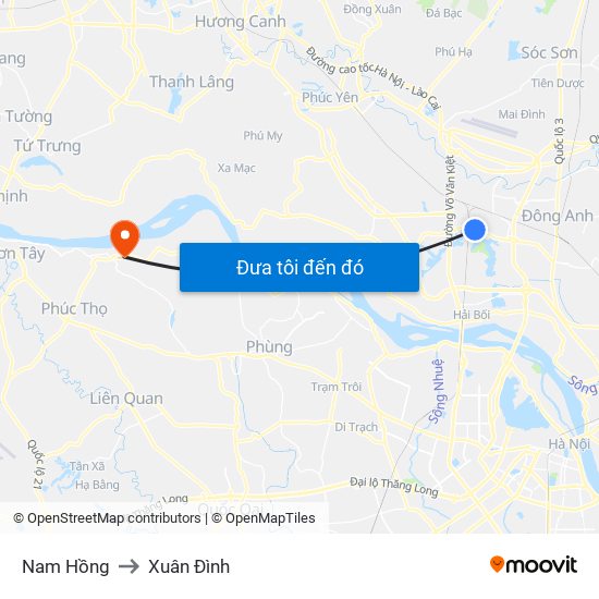 Nam Hồng to Xuân Đình map