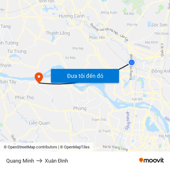 Quang Minh to Xuân Đình map