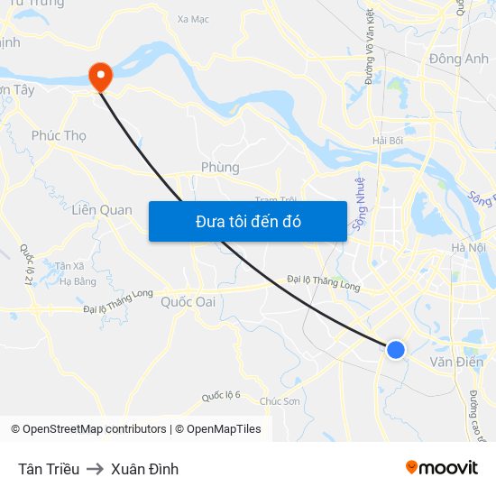 Tân Triều to Xuân Đình map