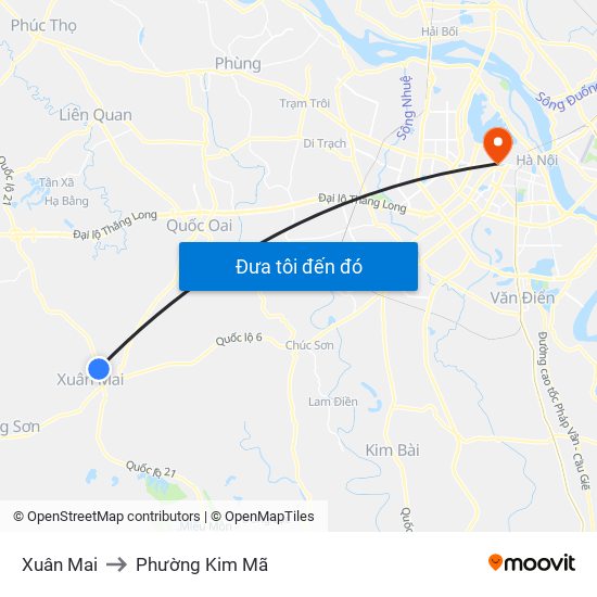 Xuân Mai to Phường Kim Mã map