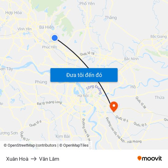 Xuân Hoà to Văn Lâm map