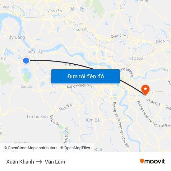 Xuân Khanh to Văn Lâm map