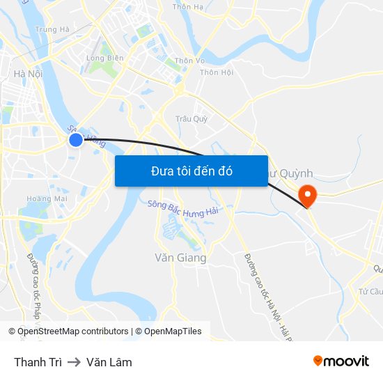 Thanh Trì to Văn Lâm map