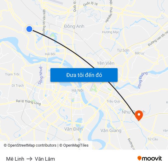 Mê Linh to Văn Lâm map