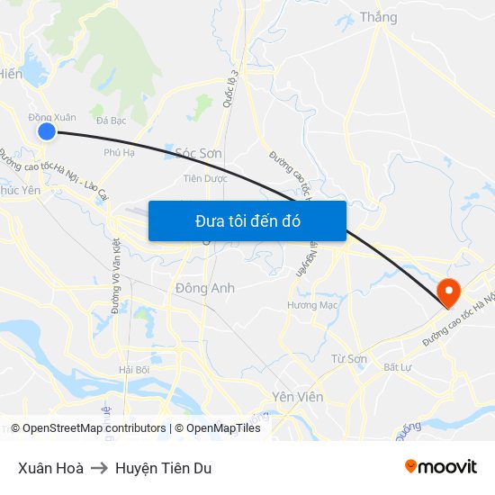 Xuân Hoà to Huyện Tiên Du map