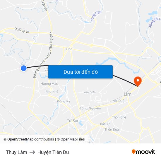 Thuỵ Lâm to Huyện Tiên Du map