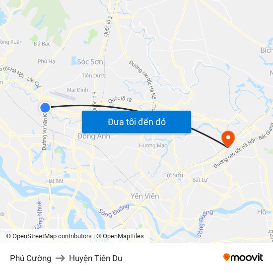 Phú Cường to Huyện Tiên Du map
