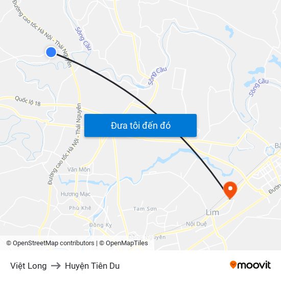 Việt Long to Huyện Tiên Du map
