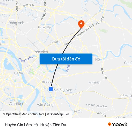 Huyện Gia Lâm to Huyện Tiên Du map