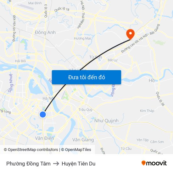Phường Đồng Tâm to Huyện Tiên Du map