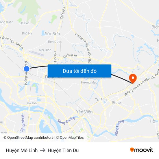 Huyện Mê Linh to Huyện Tiên Du map