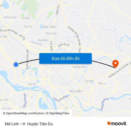 Mê Linh to Huyện Tiên Du map