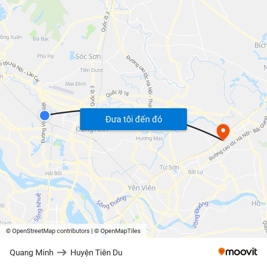 Quang Minh to Huyện Tiên Du map