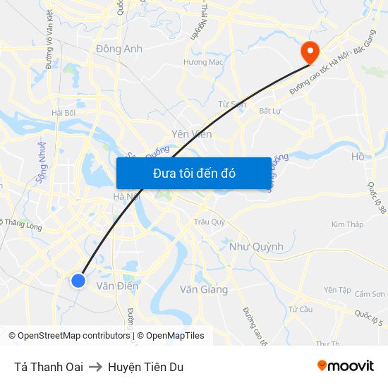 Tả Thanh Oai to Huyện Tiên Du map