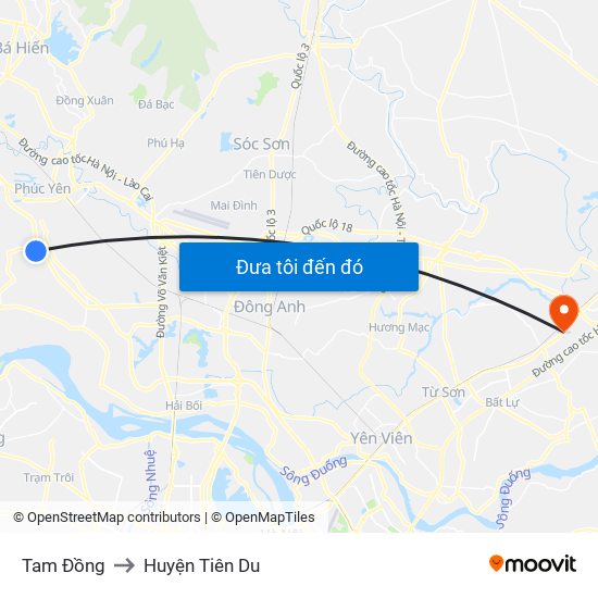Tam Đồng to Huyện Tiên Du map