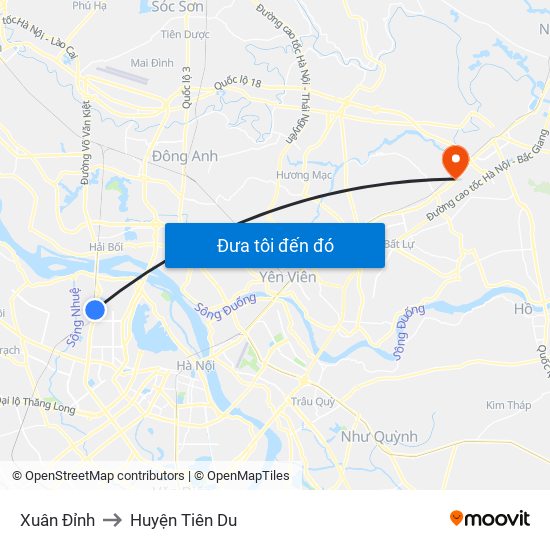 Xuân Đỉnh to Huyện Tiên Du map