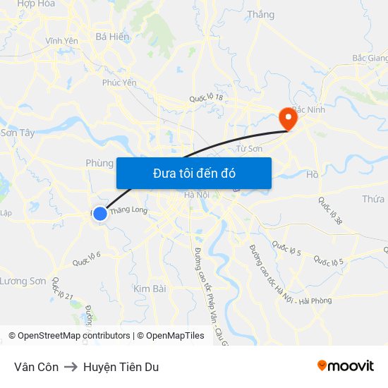 Vân Côn to Huyện Tiên Du map