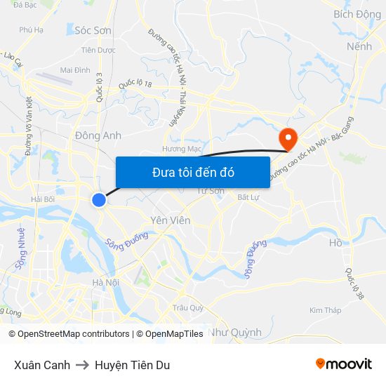 Xuân Canh to Huyện Tiên Du map