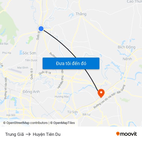 Trung Giã to Huyện Tiên Du map