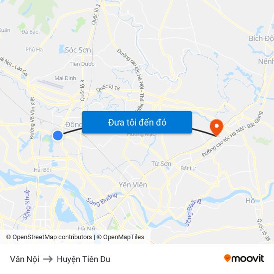 Vân Nội to Huyện Tiên Du map