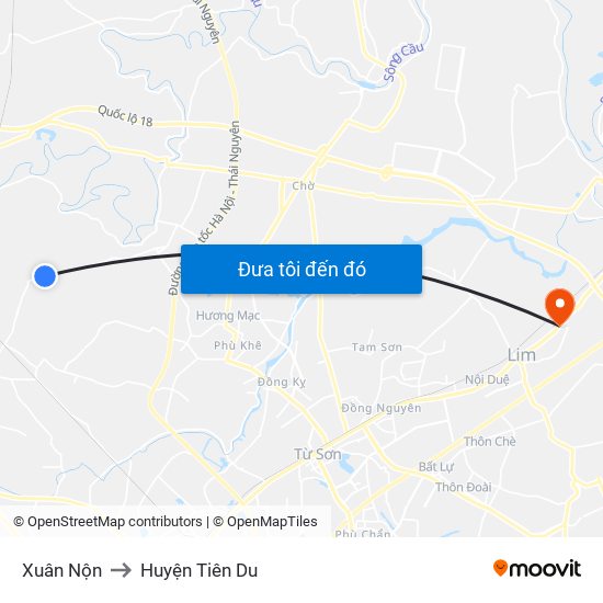Xuân Nộn to Huyện Tiên Du map