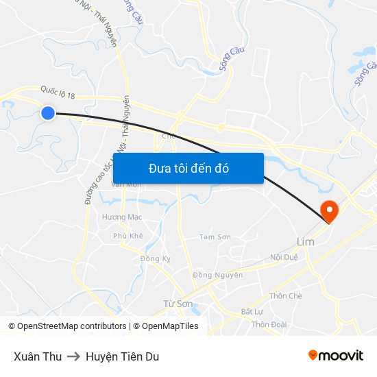 Xuân Thu to Huyện Tiên Du map